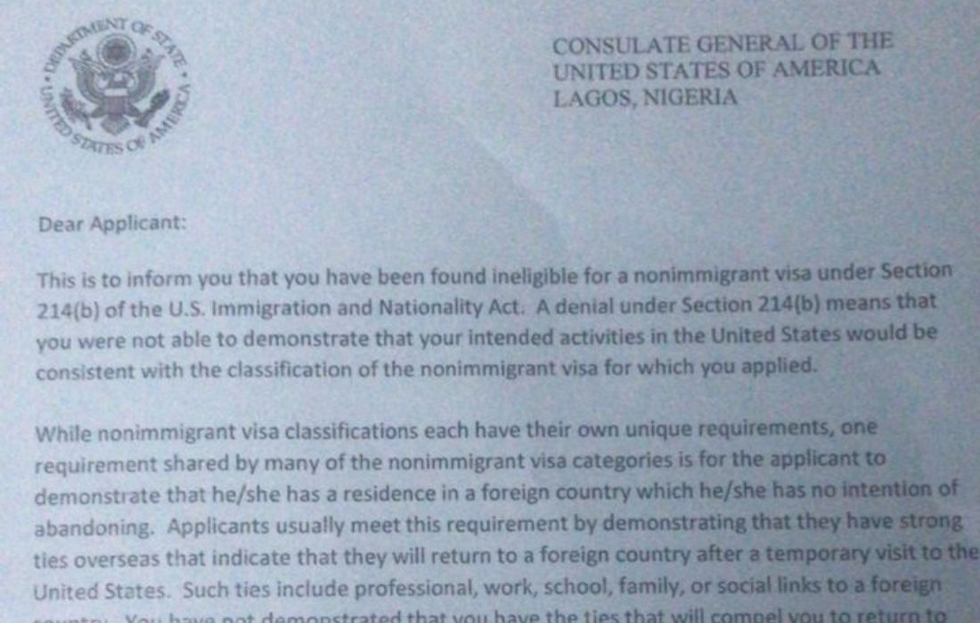 U.S. Visa Denial letter